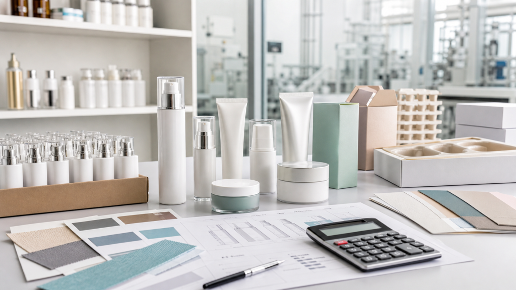 How Packaging Choices Affect MOQ and Product Cost Cosmetic packaging MOQ and product cost planning with unbranded bottles tubes jars cartons material swatches and calculator