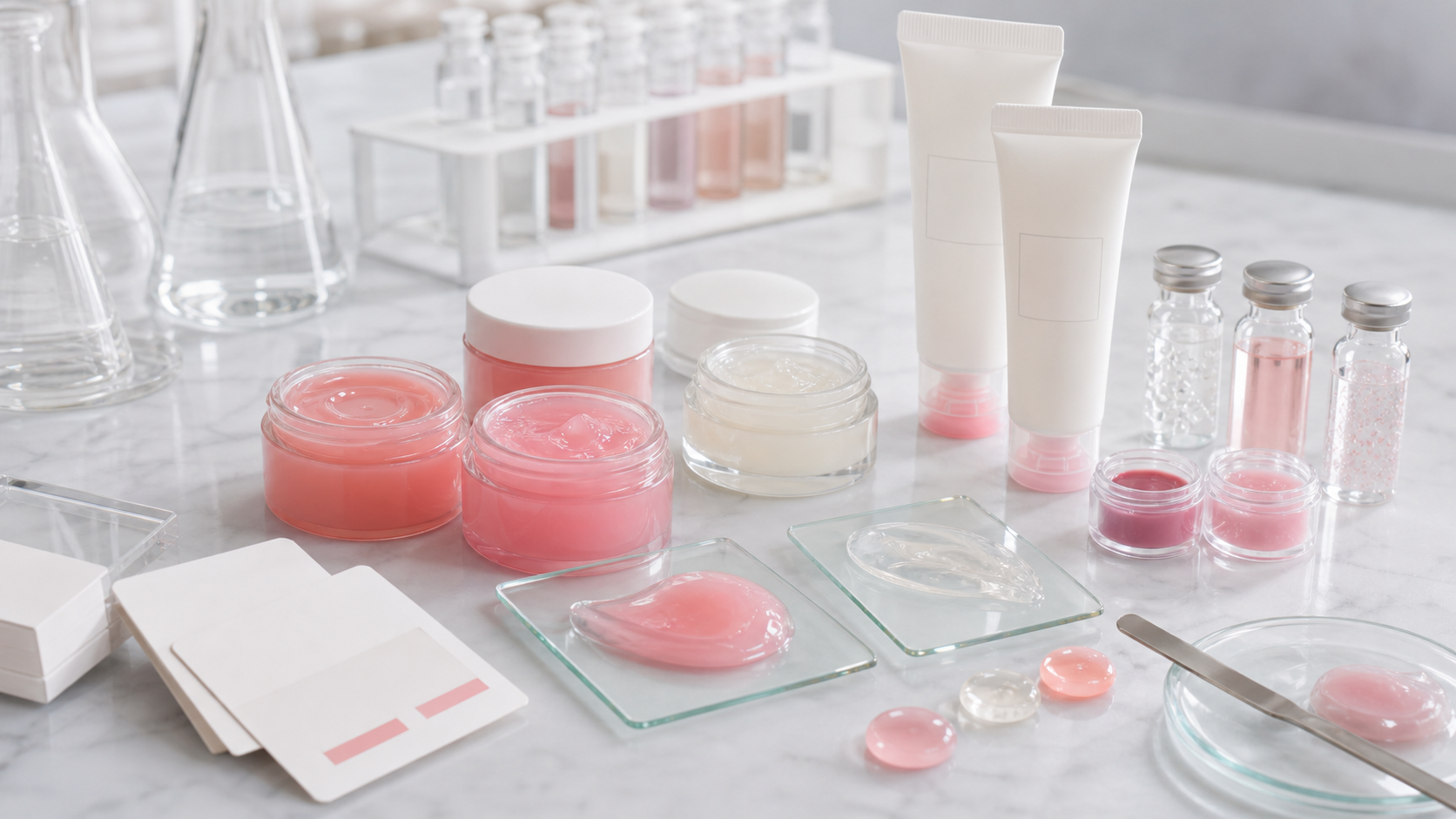 Peptide Lip Sleeping Mask OEM/ODM Guide for Brands Peptide lip sleeping mask OEM ODM development with unbranded jars, soft tubes, glossy balm gel swatches, peptide sample vials and cosmetic lab tools