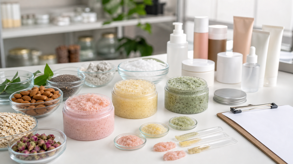 How to Create a Private Label Body Scrub Private label body scrub development with unbranded jars, scrub texture samples, raw material bowls and packaging options