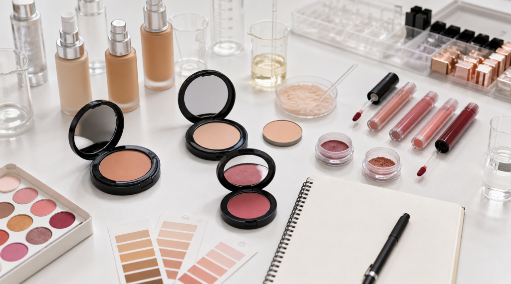 Private Label Makeup Manufacturing Guide for Brands Private label makeup manufacturing planning with unbranded compacts lip gloss tubes foundation bottles shade swatches lab beakers packaging trays and sample notes