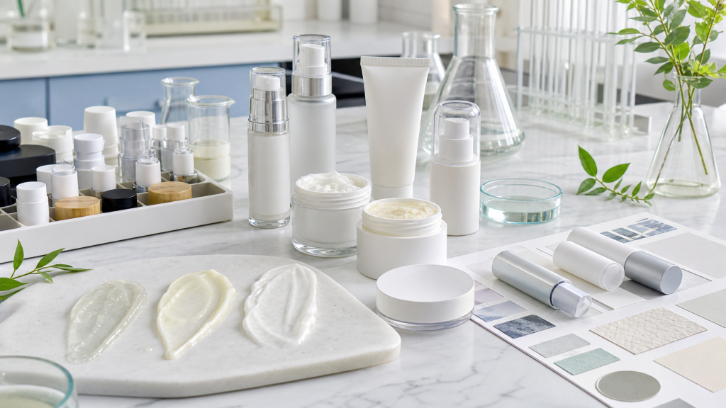 Cómo desarrollar una crema hidratante para skincare de marca privada Marca privada moisturizer development with unbranded jars, tubes, airless bottles, crema textura samples and packaging components