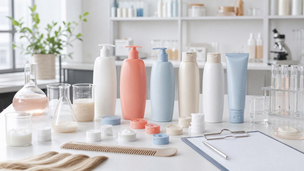How to Develop a Private Label Shampoo Product Private label shampoo bottle prototypes and formula samples in a cosmetic OEM laboratory