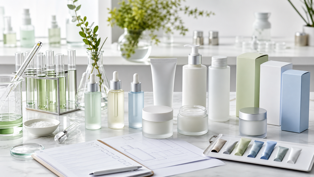 Case Study: Startup Private Label Skincare Launch Private label skincare case study with unbranded skincare samples, packaging mockups, lab glassware and startup launch checklist