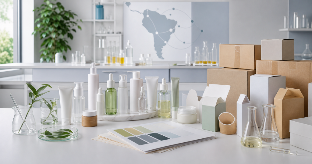 Private Label Skincare Manufacturing for Latin American Brands Unbranded skincare samples packaging components lab glassware shipping cartons and Latin America export planning workspace for private label beauty brands