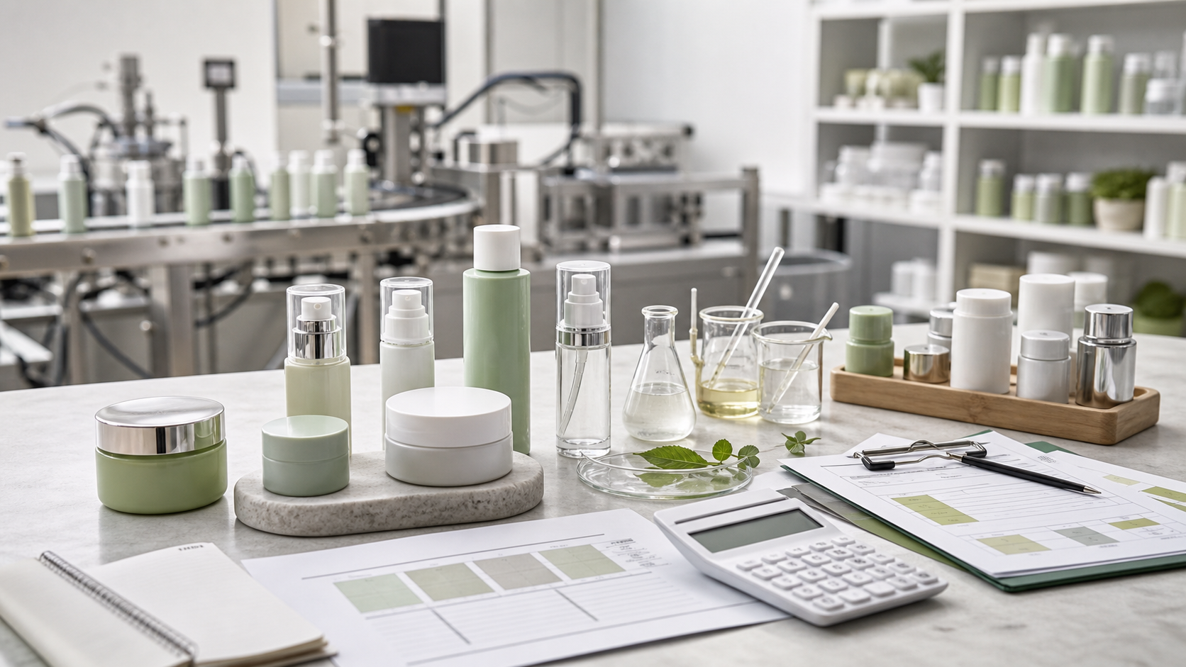 Skincare manufacturing cost planning with blank cosmetic packaging samples lab beakers calculator and quality checklist