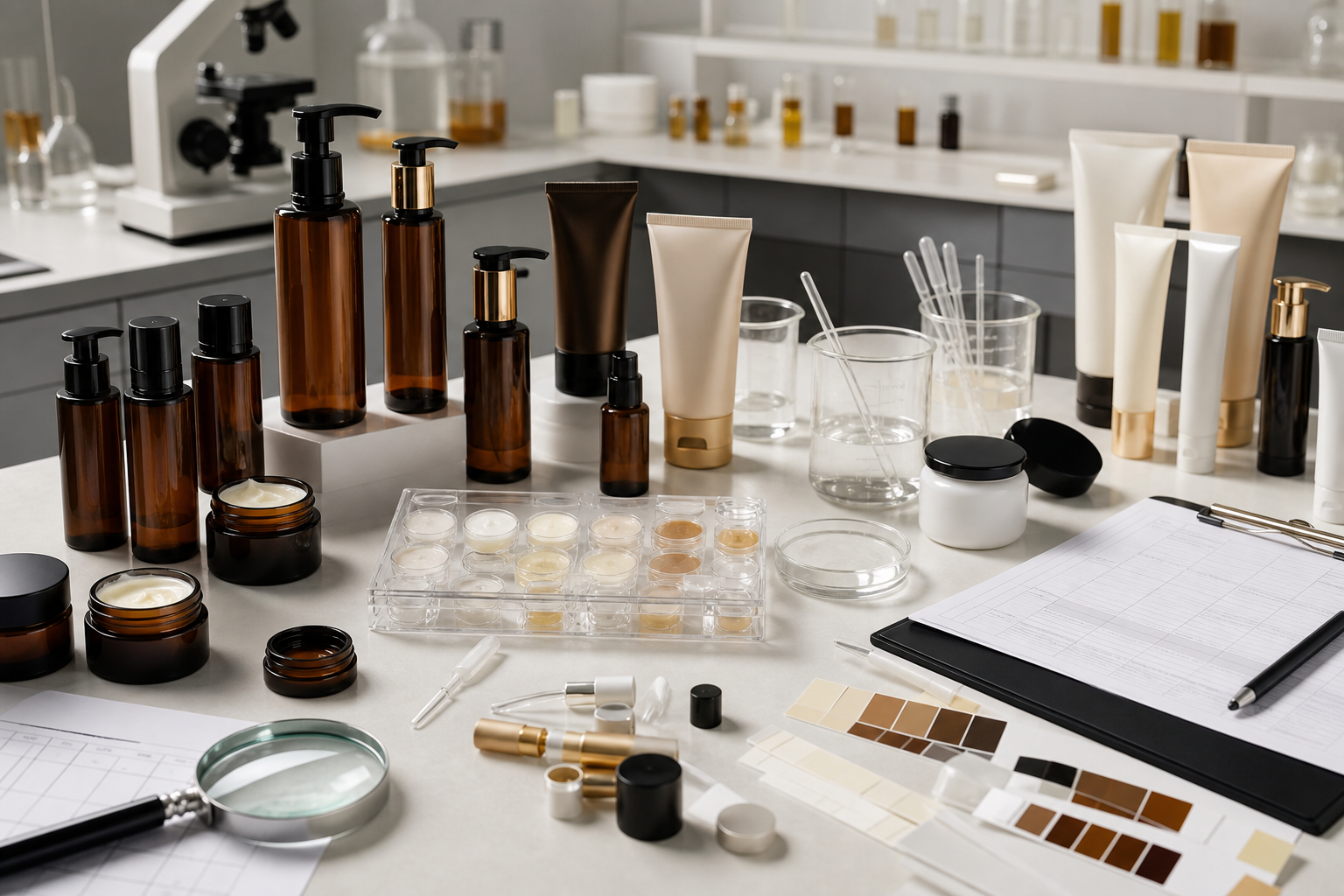 Retinol skincare OEM manufacturing with unbranded amber airless bottles tubes cream jars sample trays packaging components and cosmetic quality control tools
