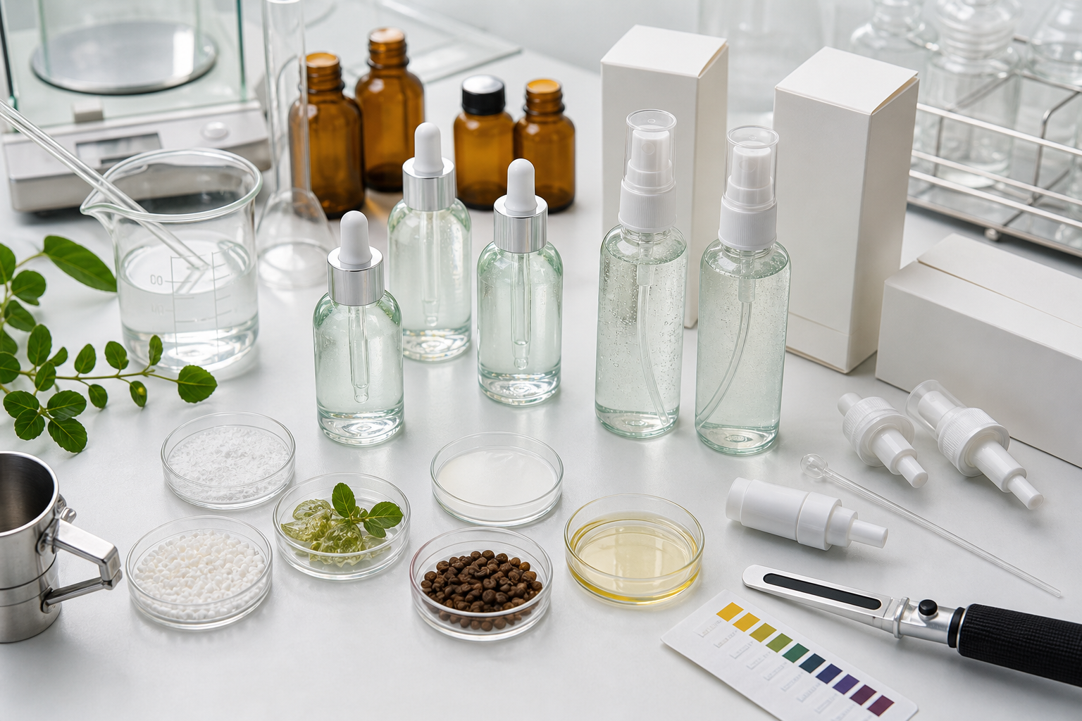 Scalp Serum Spray OEM/ODM Guide for Beauty Brands Scalp serum spray OEM ODM development with unbranded dropper bottles, spray applicators, watery serum samples and cosmetic lab QC tools