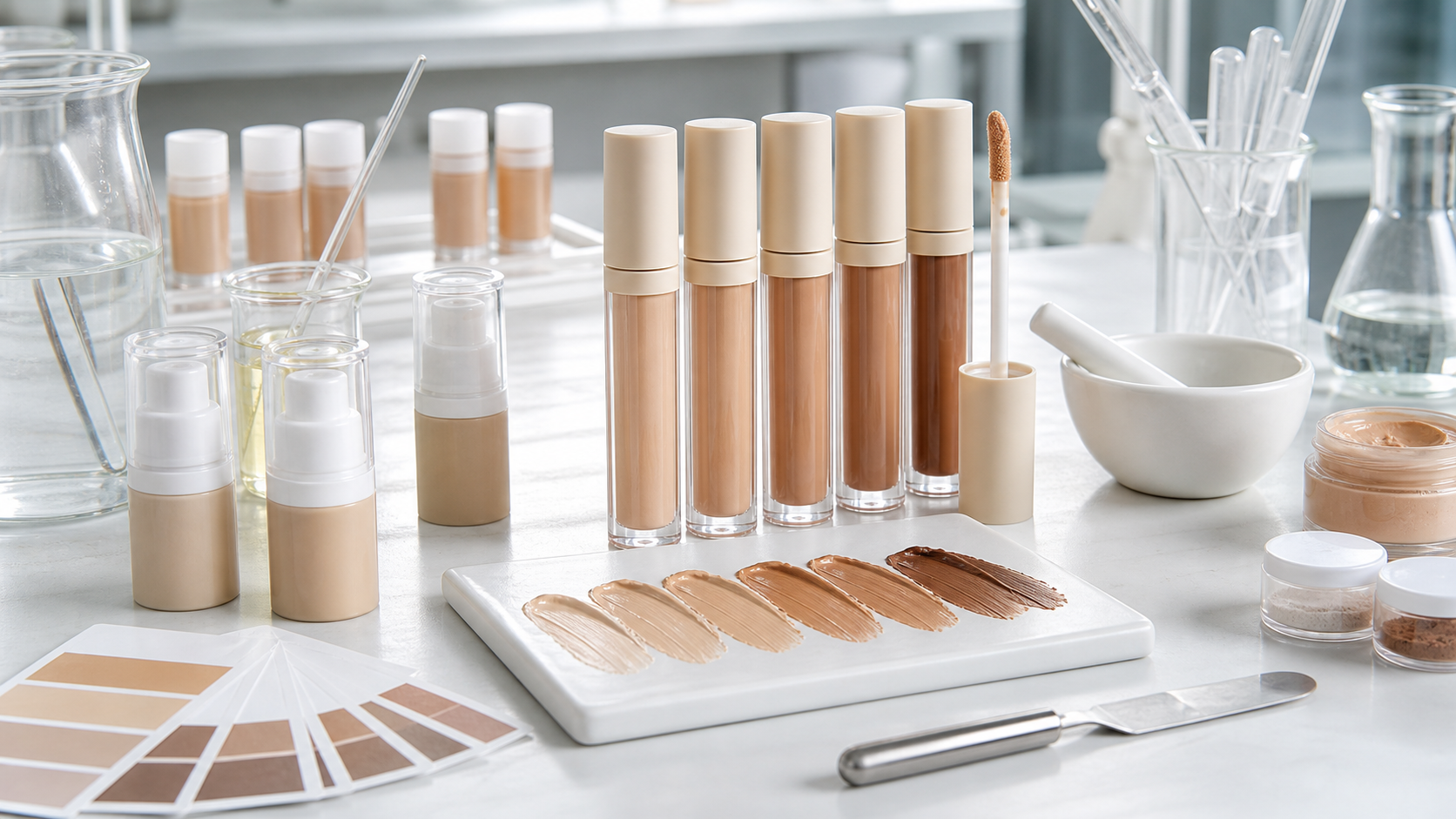 Serum Concealer OEM/ODM Guide for Beauty Brands Serum concealer OEM ODM development with unbranded concealer tubes, shade swatches and cosmetic lab formulation tools