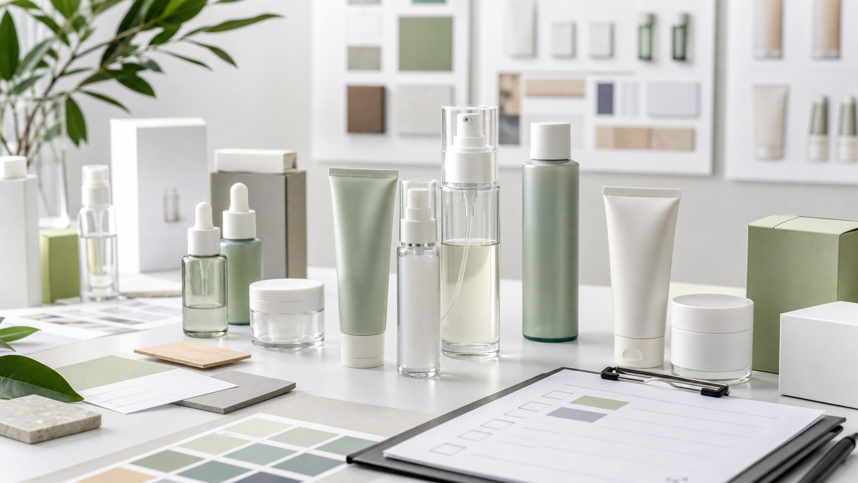 How Packaging Shapes Skincare Brand Positioning Skincare brand packaging positioning with unbranded bottles jars tubes cartons color swatches and cosmetic OEM ODM planning materials