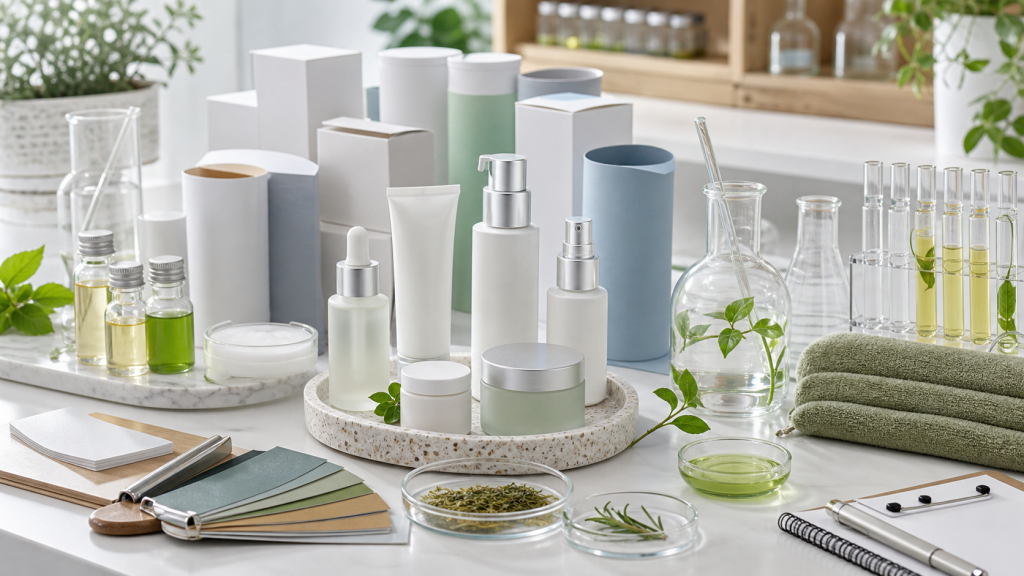 Skincare Product Lines for Wellness and Lifestyle Brands Unbranded wellness skincare product line samples with blank packaging formula vials lab glassware and sourcing materials