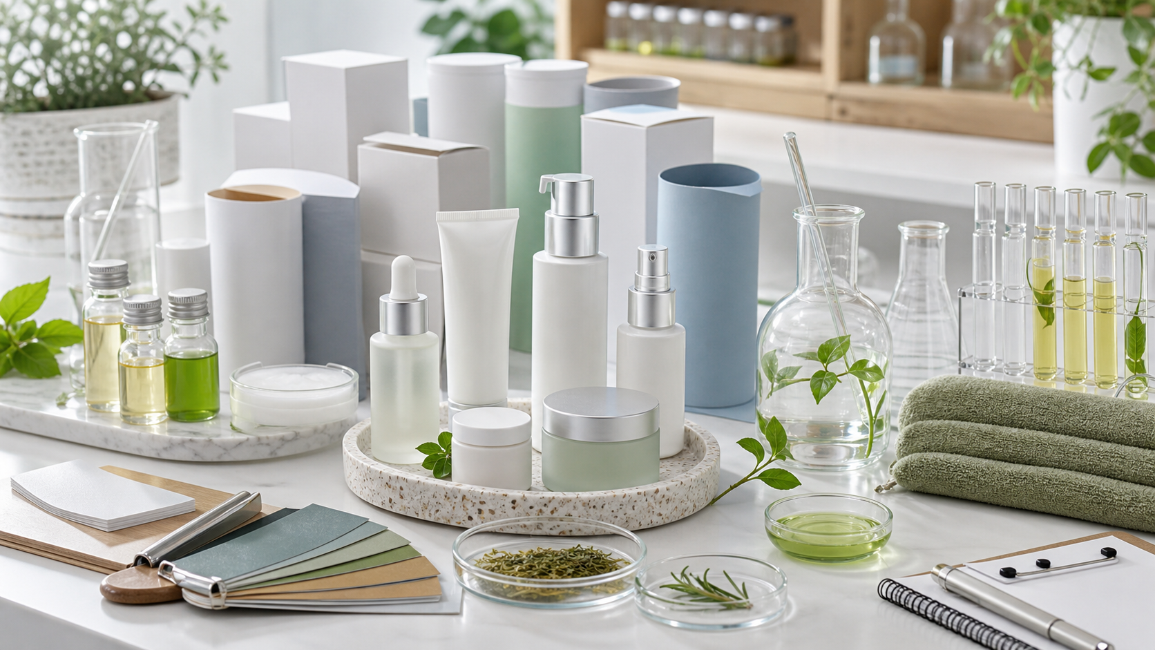 Skincare Product Lines for Wellness and Lifestyle Brands Unbranded wellness skincare product line samples with blank packaging formula vials lab glassware and sourcing materials