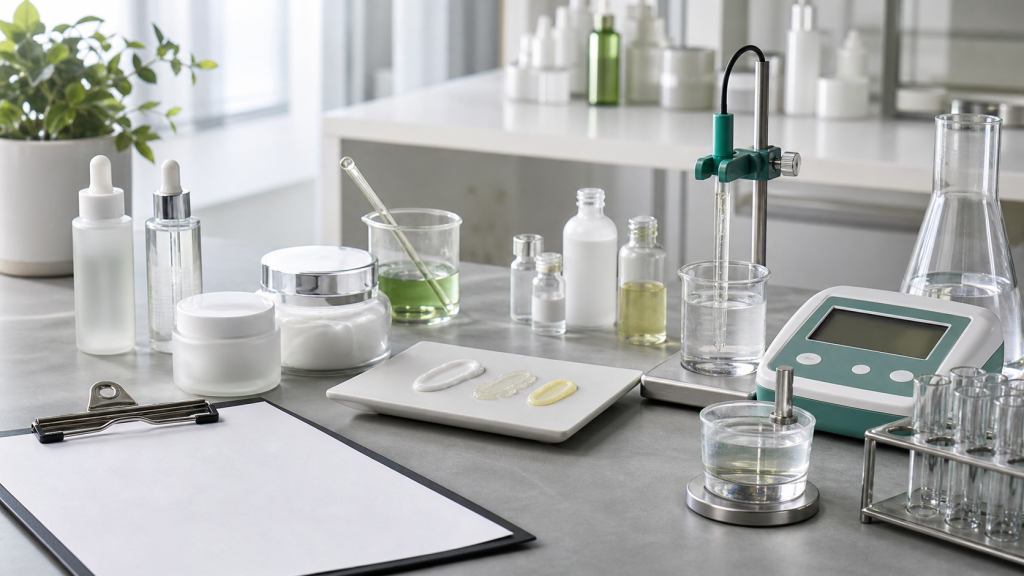 ¿Qué pruebas de calidad necesitan los productos de skincare? Skincare quality tests for OEM ODM manufacturing with unbranded skincare samples, lab instruments and blank QC documents