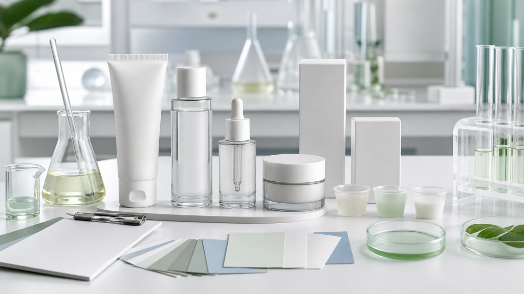 How to Create a Skincare Set for Your Beauty Brand Skincare set manufacturing development with unbranded cleanser toner serum cream packaging samples and cosmetic lab tools
