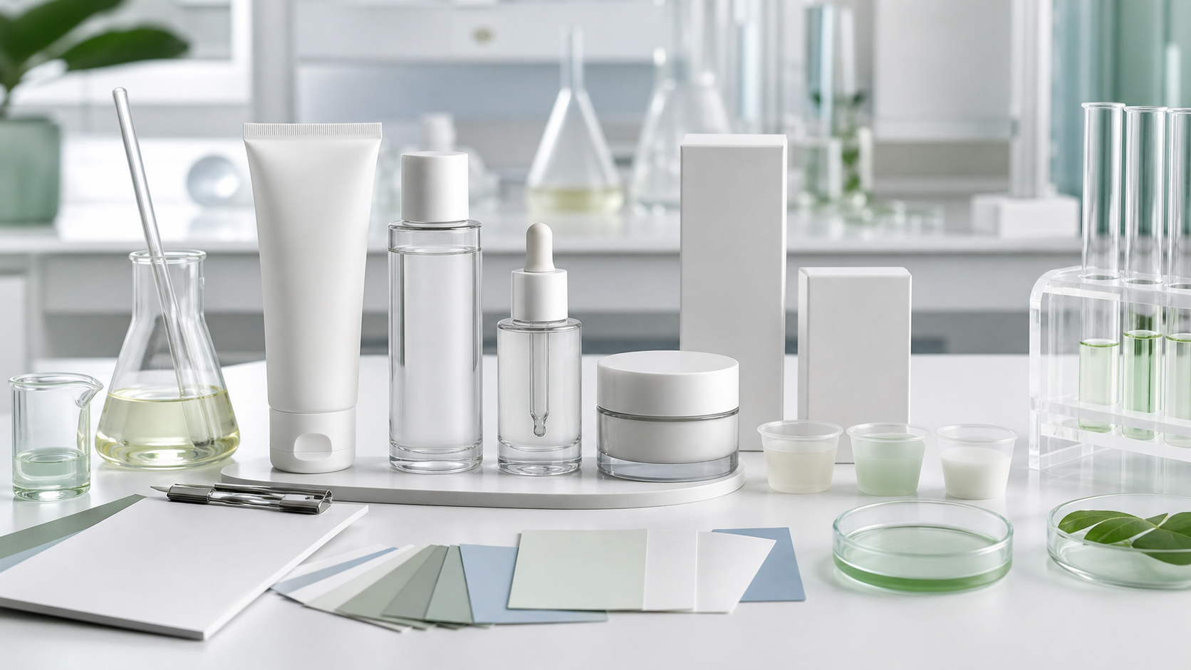 How to Create a Skincare Set for Your Beauty Brand Skincare set manufacturing development with unbranded cleanser toner serum cream packaging samples and cosmetic lab tools