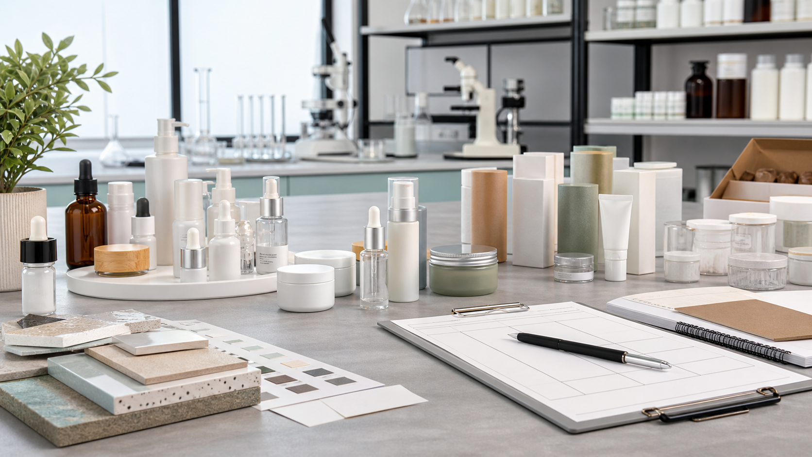 Can You Start a Skincare Brand with a Small Order? Small order private label skincare manufacturing with unbranded sample bottles, packaging components and cosmetic lab planning sheets