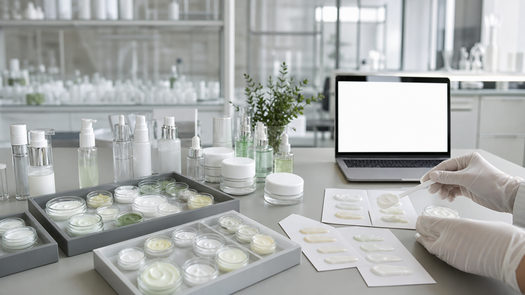 Stock Formula Library: How Beauty Brands Can Use It Stock formula library with blank skincare packaging sample jars serum bottles formula swatches and lab consultation table