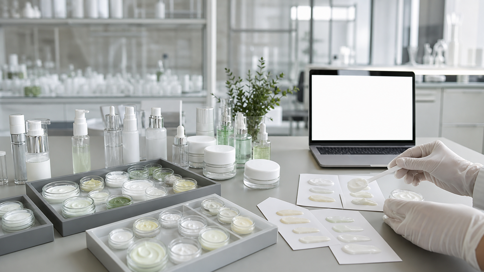 Stock Formula Library: How Beauty Brands Can Use It Stock formula library with blank skincare packaging sample jars serum bottles formula swatches and lab consultation table