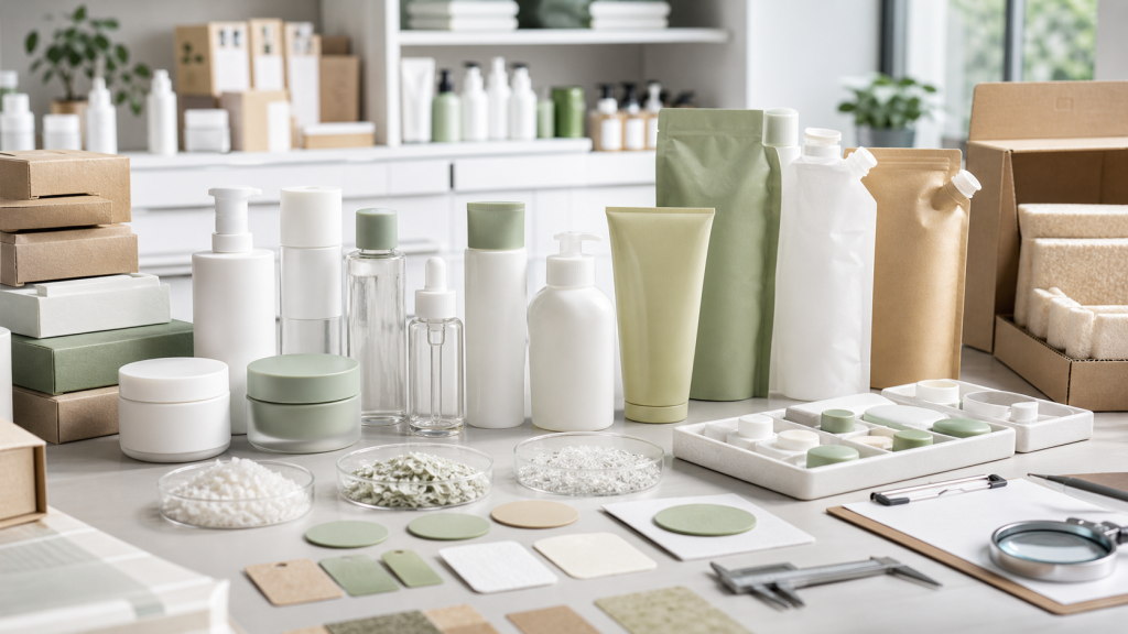 Sustainable Cosmetic Packaging for Beauty Brands Sustainable cosmetic packaging options with unbranded skincare bottles tubes refill packs recycled cartons material samples and OEM ODM sourcing tools