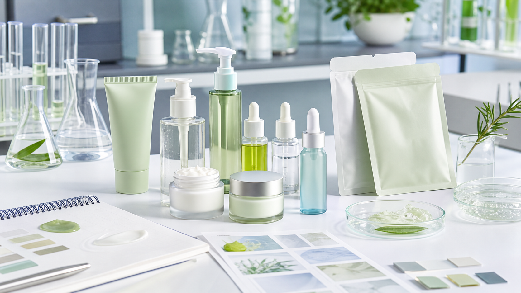 Trending Skincare Products for Private Label Brands Trending private label skincare product development with unbranded cleanser, serum, moisturizer, mask packaging and cosmetic lab samples