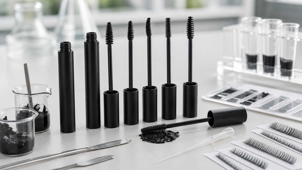 Tubing Mascara OEM/ODM Guide for Beauty Brands Tubing mascara OEM ODM development with unbranded mascara tubes, brush prototypes, black formula tests and cosmetic lab tools