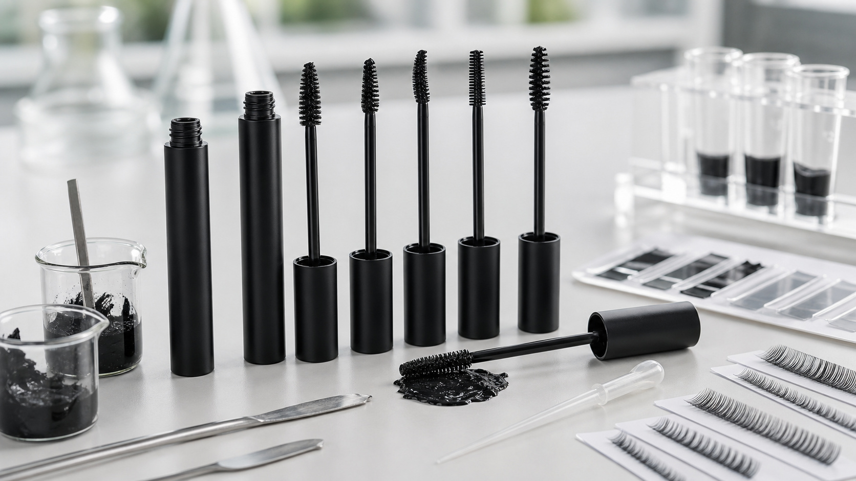 Tubing Mascara OEM/ODM Guide for Beauty Brands Tubing mascara OEM ODM development with unbranded mascara tubes, brush prototypes, black formula tests and cosmetic lab tools