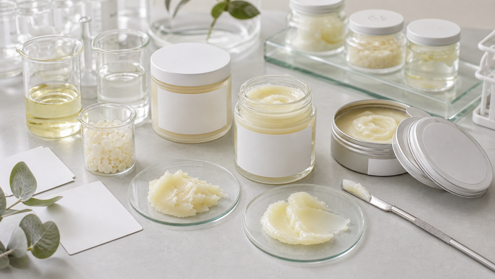 Waterless Cleansing Balm OEM/ODM Guide for Brands Waterless cleansing balm OEM ODM development with unbranded jars, balm texture swatches, wax beads, oil samples and cosmetic lab tools