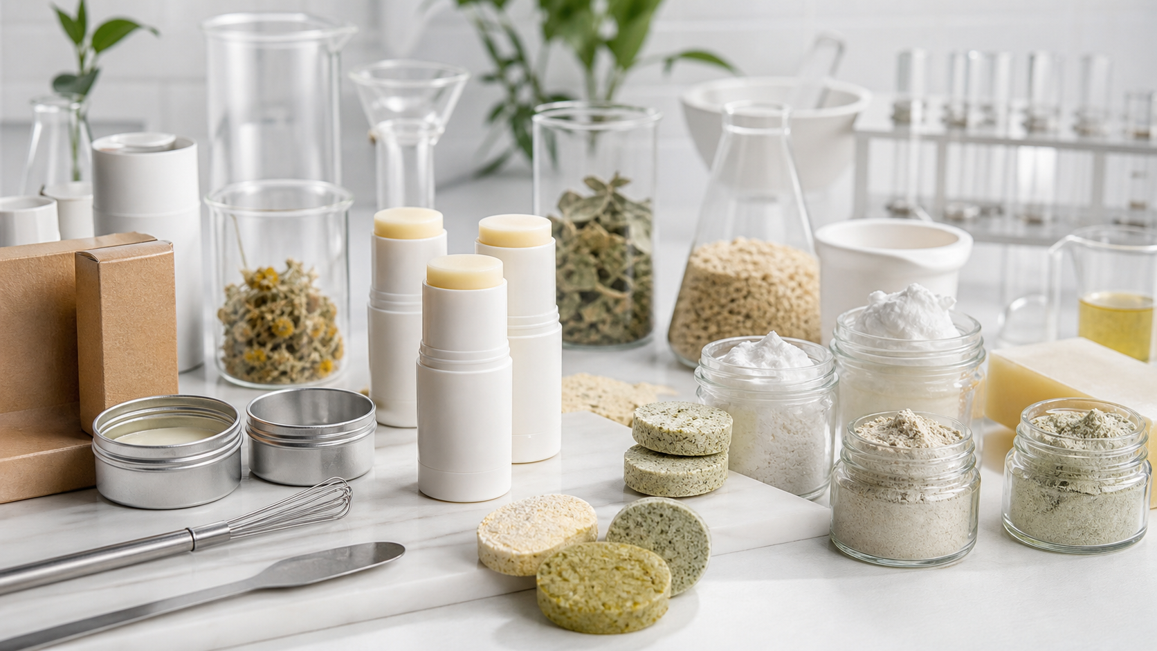 Échantillons de soins sans eau: sticks, poudres, comprimés, pots et outils de laboratoire cosmétique