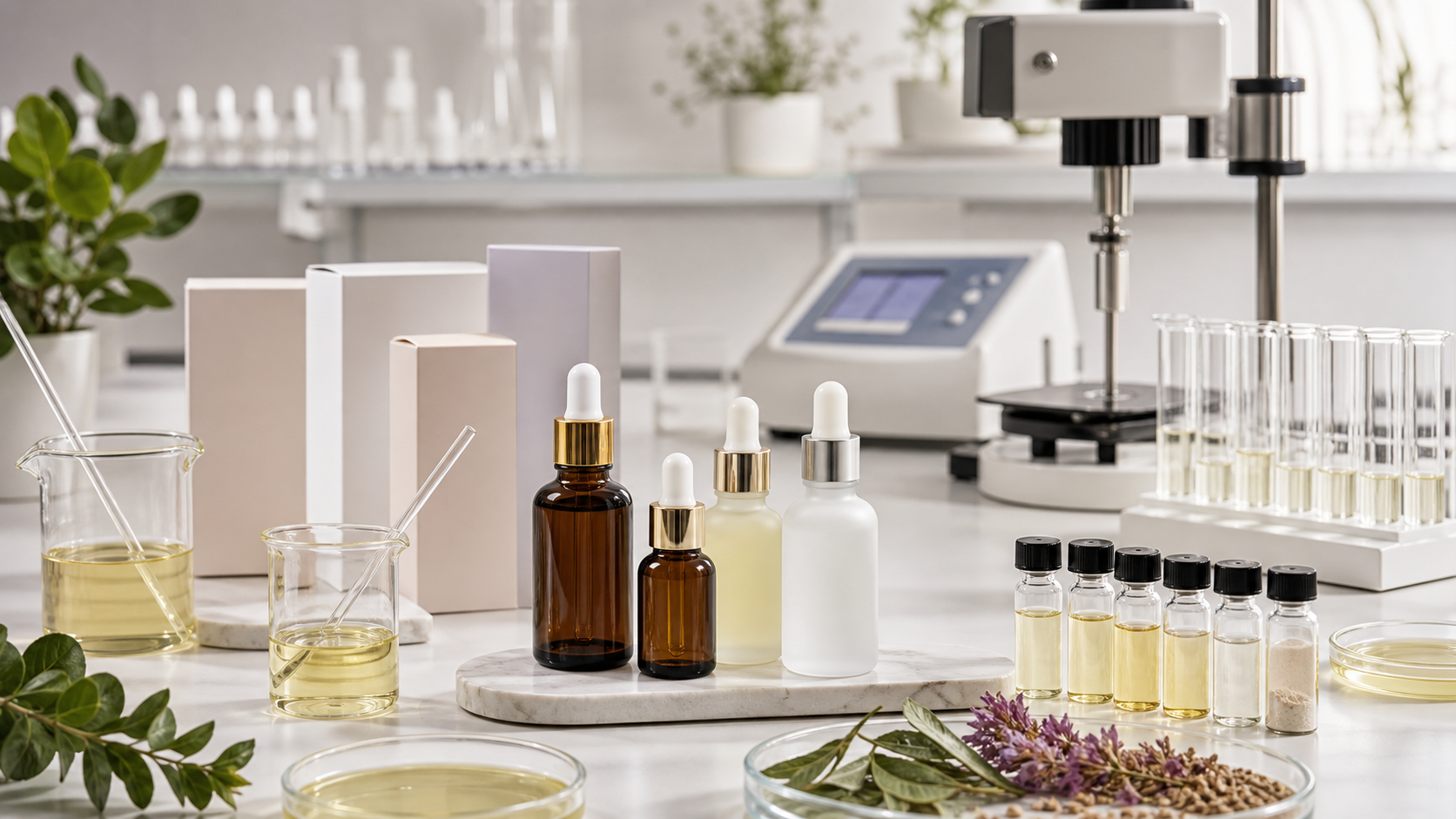 Bakuchiol Serum OEM/ODM Guide for Beauty Brands Bakuchiol serum OEM ODM development with unbranded serum bottles botanical oil samples lab testing and blank packaging mockups