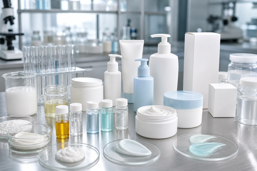 Barrier body lotion OEM ODM development with unbranded pump bottles tubes cream jars ceramide ingredient vials lotion swatches blank packaging and stability samples