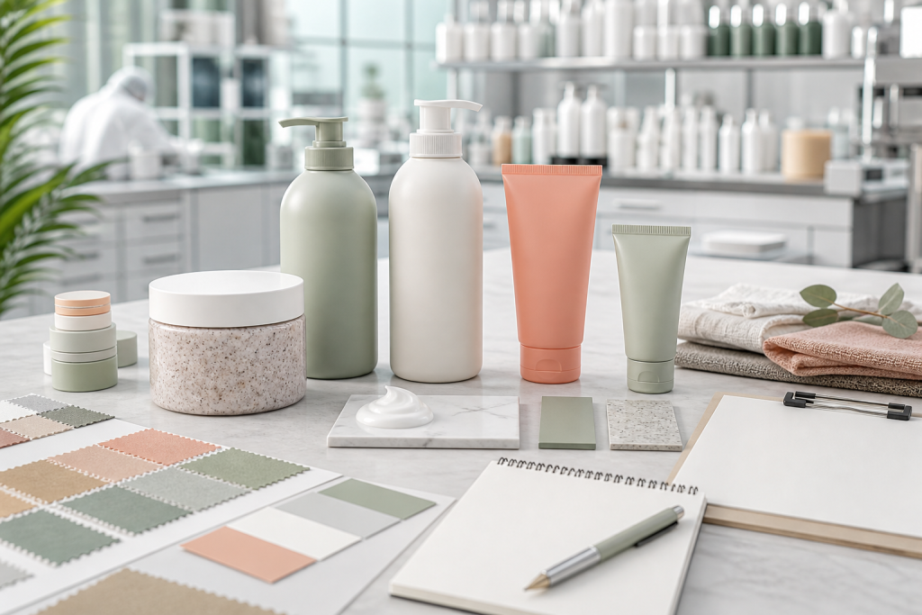 How to Build a Complete Body Care Product Line Unbranded coordinated body care product line samples with packaging materials in a cosmetics factory planning room