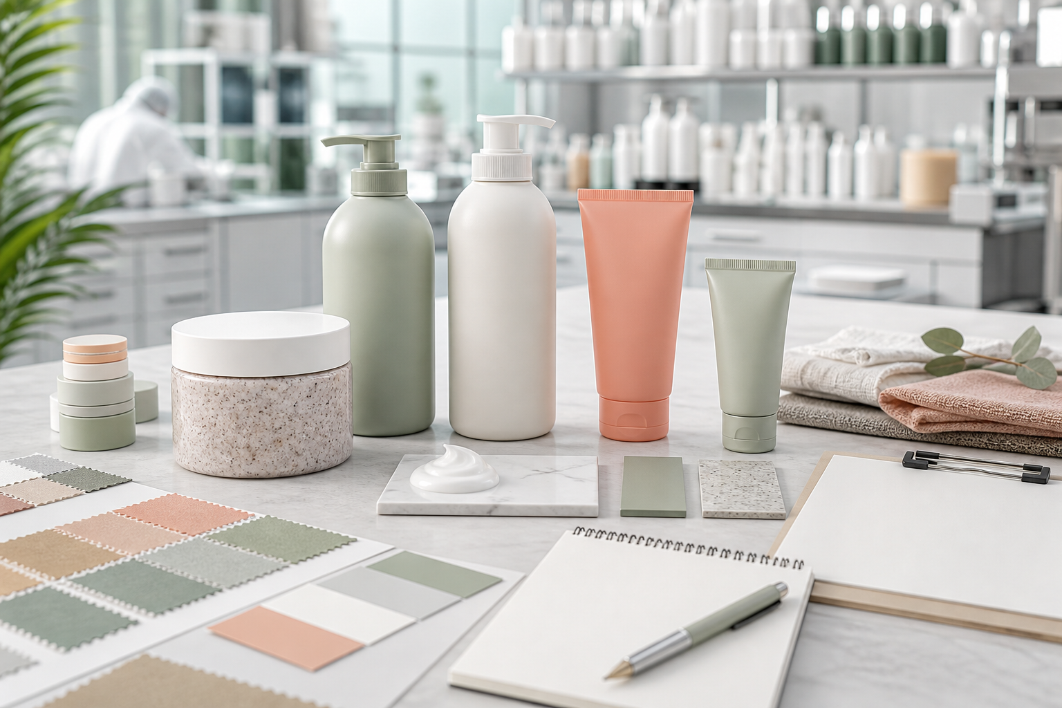 Unbranded coordinated body care product line samples with packaging materials in a cosmetics factory planning room