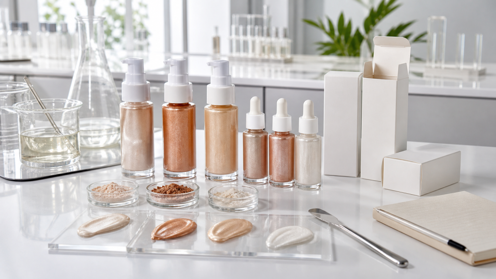 Unbranded body luminizer OEM ODM development with shimmer liquid bottles, mica pigment dishes, texture swatches, pump packaging, and blank cartons in a cosmetics lab