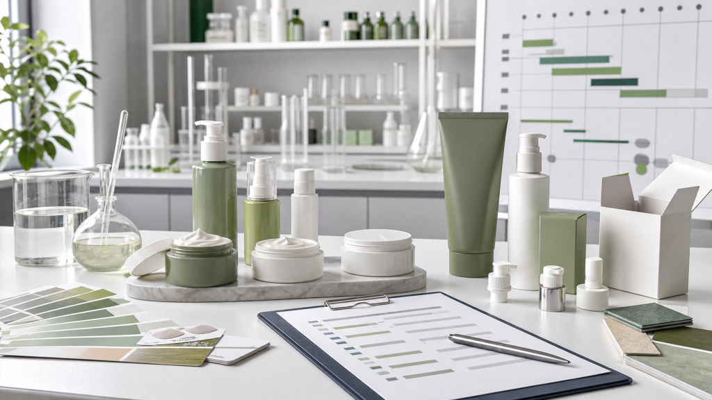 Revisión de cambios tras aprobar una muestra cosmética OEM ODM con muestras de skincare, packaging y documentos de producción
