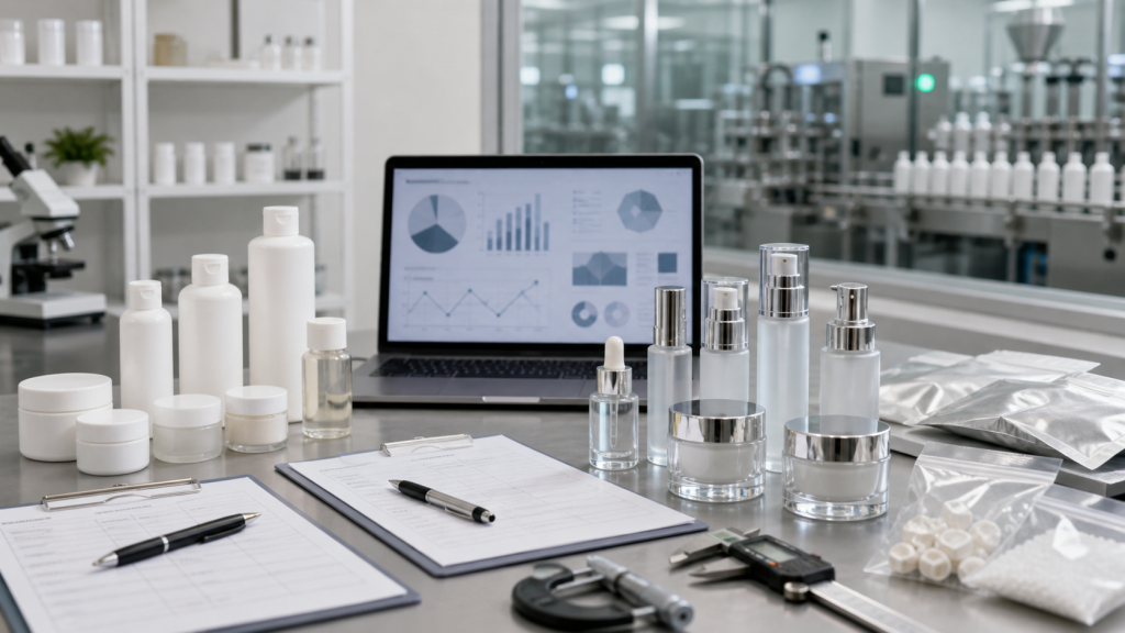 Why the Cheapest Cosmetic Manufacturer May Not Be the Best Choice Cosmetic manufacturer price comparison with unbranded skincare packaging quality control tools inspection sheets and factory production background