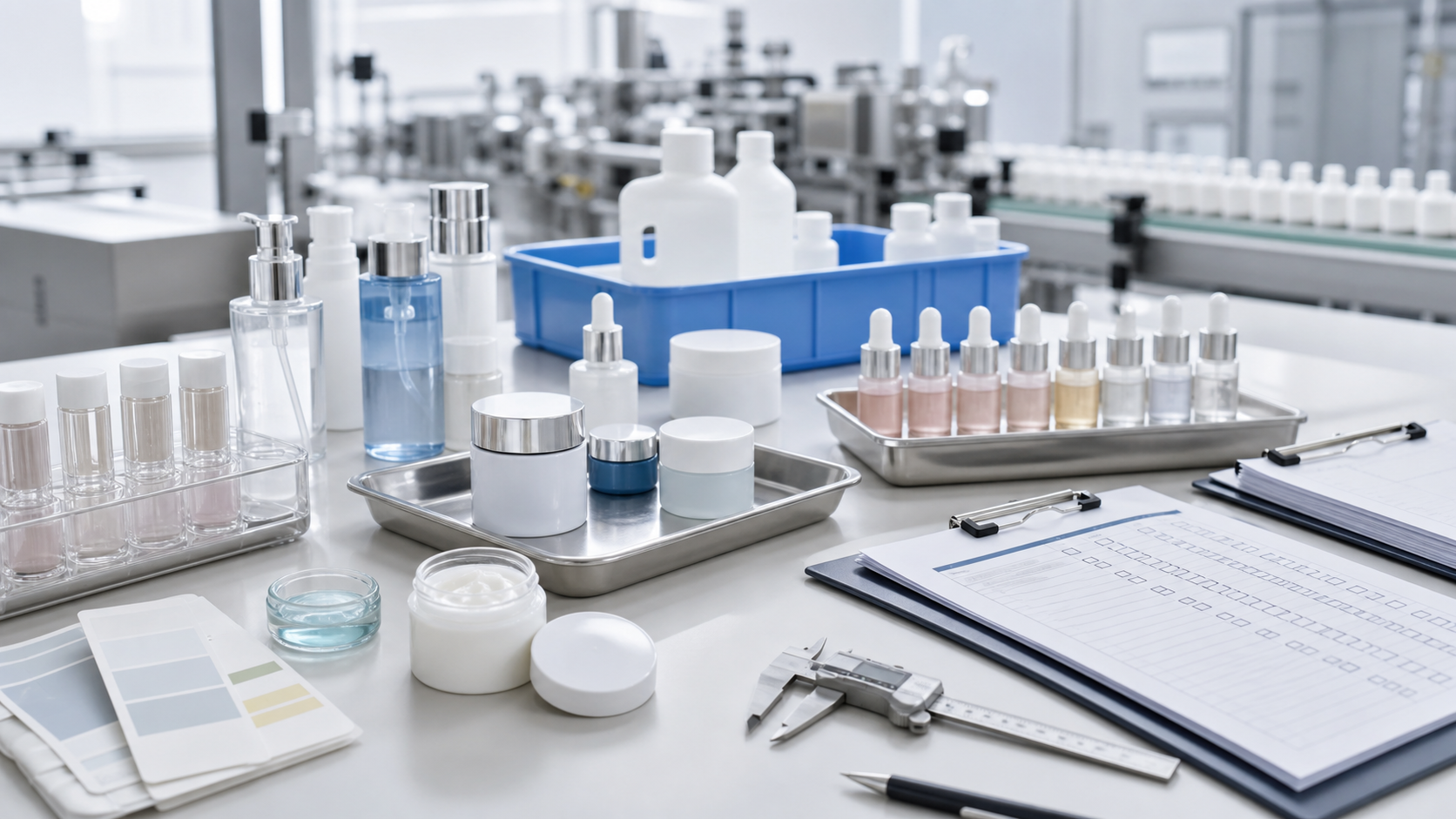 Cosmetic factory quality control selection with unbranded skincare packaging samples lab inspection checklist and measuring tools