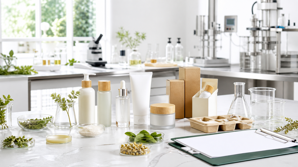 Clean Beauty Manufacturing: What Brands Should Know Clean beauty manufacturing with unbranded skincare packaging botanical samples lab beakers and quality control workspace