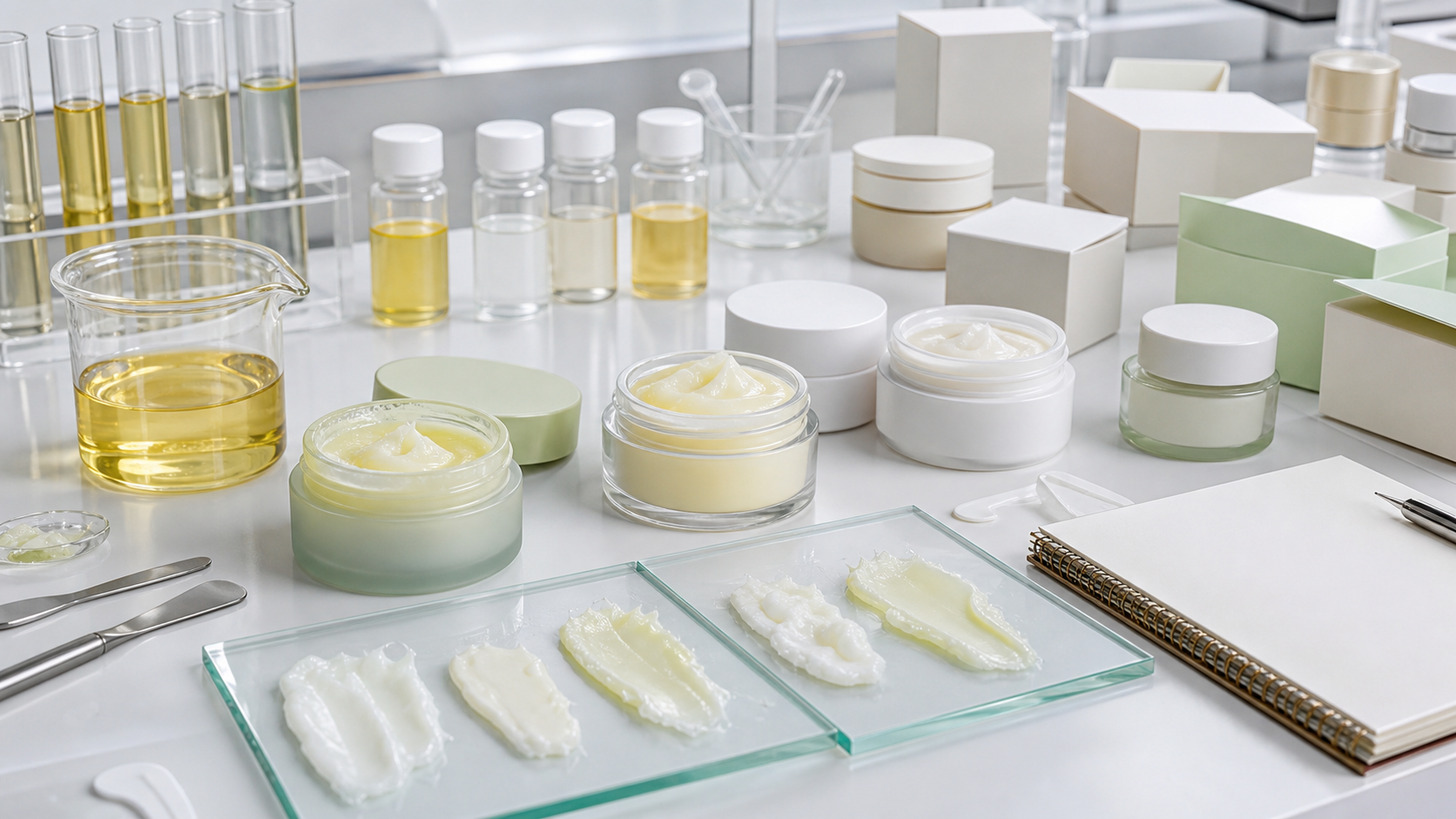 Cleansing Balm OEM/ODM Guide for Beauty Brands Cleansing balm OEM ODM formula texture samples and unbranded jar packaging in a cosmetic laboratory