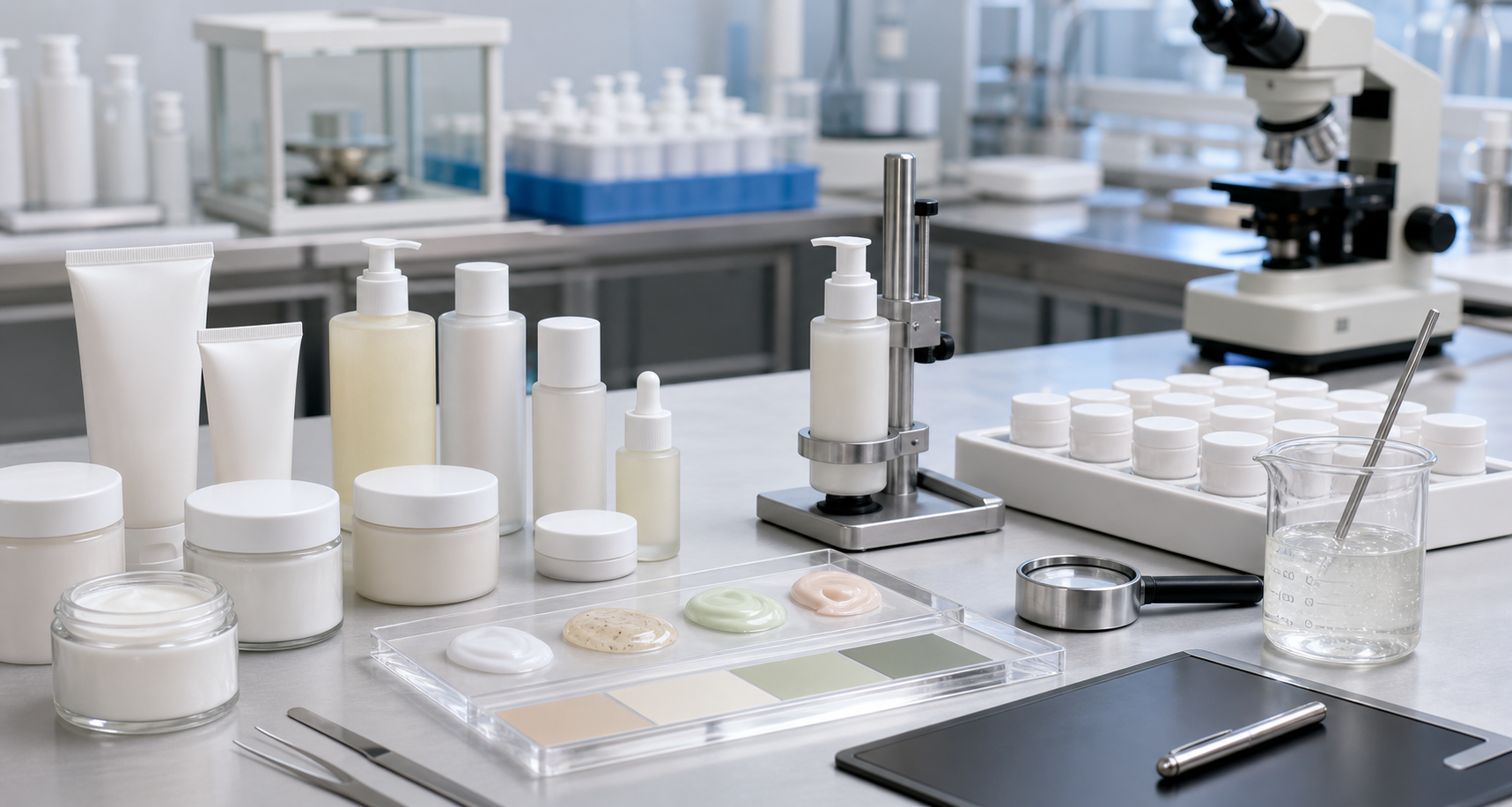 Problemas comunes de calidad cosmética y cómo los previenen las fábricas Prevención de problemas comunes de calidad cosmética con envases de skincare sin marca, muestras de laboratorio, control de viscosidad y herramientas de QC