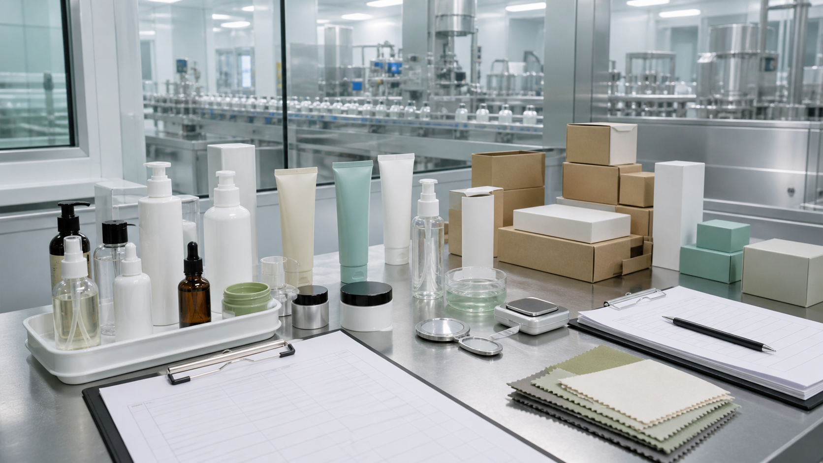 Mesa de auditoría de fábrica de cosméticos con muestras de cuidado de la piel, componentes de envase, hojas de inspección y línea de producción limpia