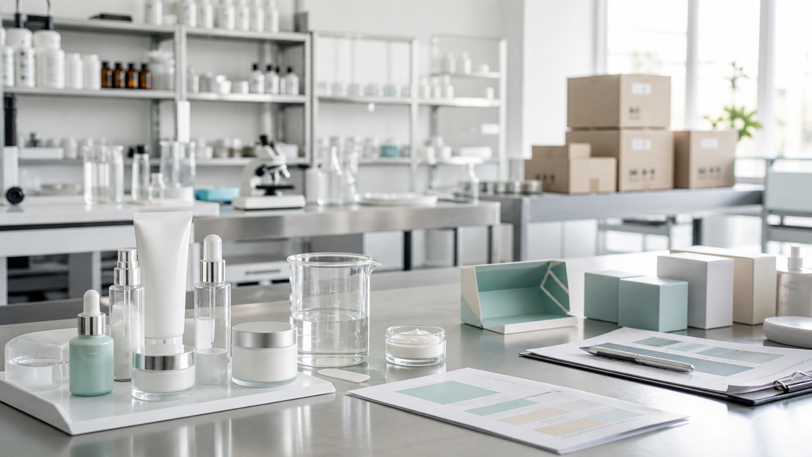 Cosmetic Factory Fit for International Brands Unbranded cosmetic OEM ODM factory workspace with skincare samples packaging prototypes quality documents and export cartons