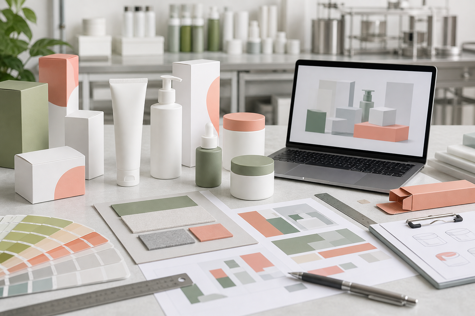 Do Cosmetic Manufacturers Provide Design Services? Cosmetic packaging design service workspace with unbranded bottles cartons color swatches material samples and production mockups