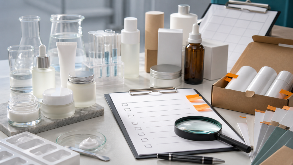 Red Flags When Choosing a Cosmetic Manufacturer Cosmetic manufacturer red flag review with unbranded skincare samples, blank checklist, packaging components and inspection tools