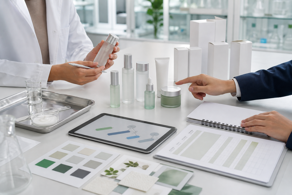 Why Communication Matters in Cosmetic OEM Projects Cosmetic OEM project communication meeting with unbranded samples packaging mockups and quality review materials