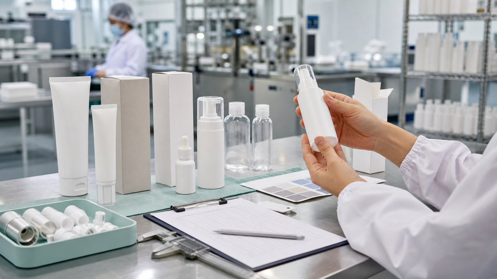 How Cosmetic Factories Check Packaging Before Production Cosmetic packaging inspection before production with unbranded bottles tubes cartons color swatches calipers and QC checklist