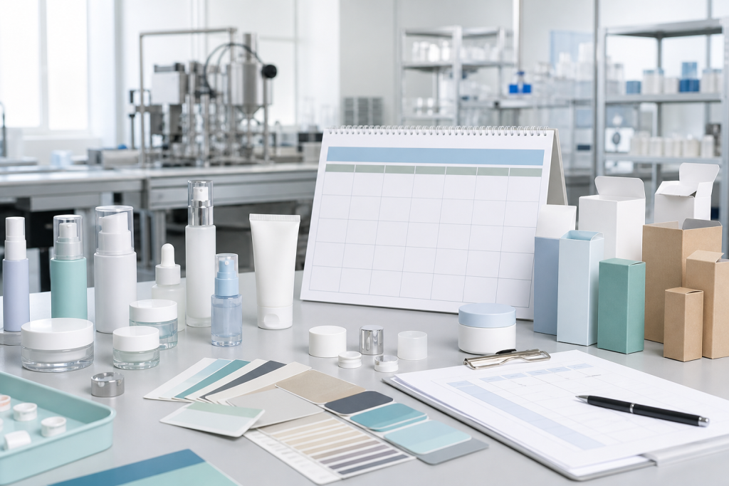Common Reasons Cosmetic Packaging Lead Times Change Cosmetic packaging lead time planning with unbranded skincare bottles cartons material swatches blank calendar and lab production workspace