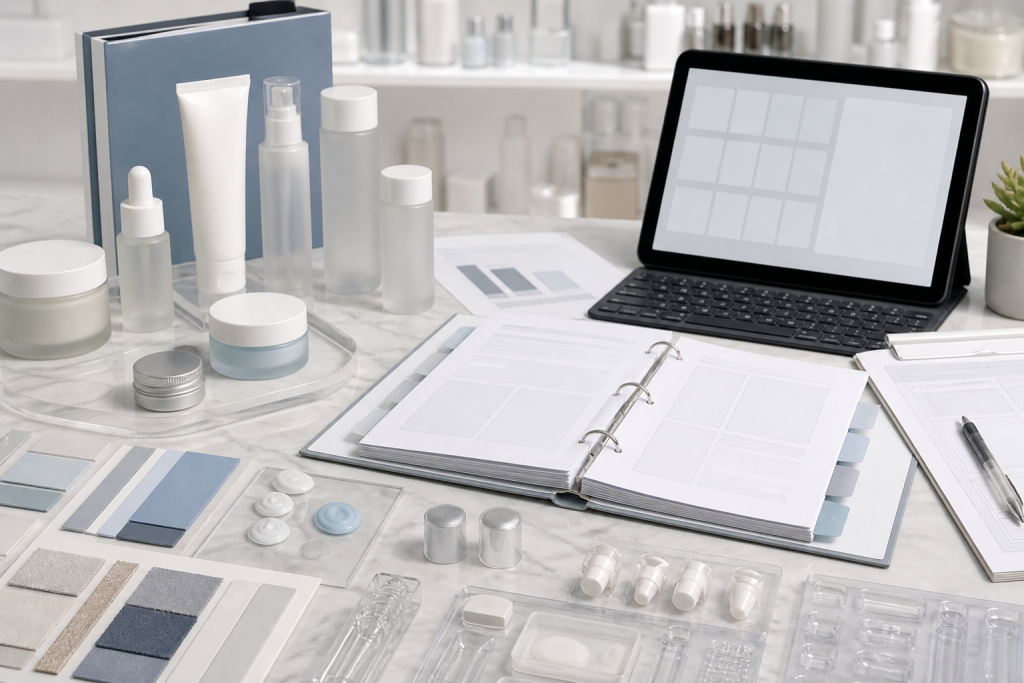 Internal cosmetic product knowledge base with unbranded skincare packaging samples blank binder and tablet