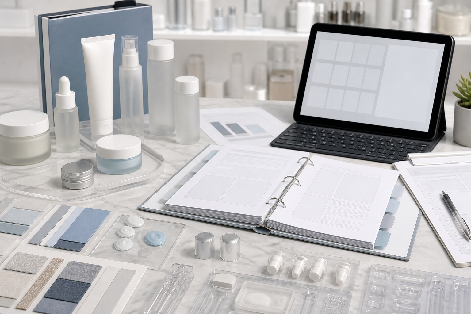 How to Build an Internal Cosmetic Product Knowledge Base for Your Brand Internal cosmetic product knowledge base with unbranded skincare packaging samples blank binder and tablet