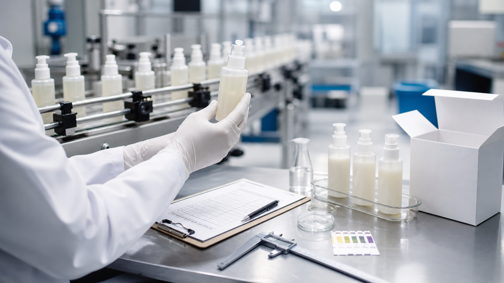 What Happens During Cosmetic Production Inspection? Cosmetic production inspection with unbranded skincare bottles, QC checklist, fill level checks and packaging review