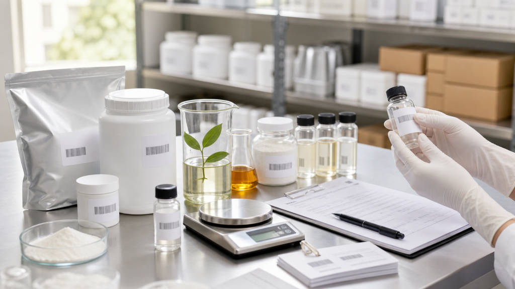 Cosmetic Raw Material Control: What Brands Should Know Cosmetic raw material control with unbranded ingredient containers sample vials scale lab documents and traceability labels