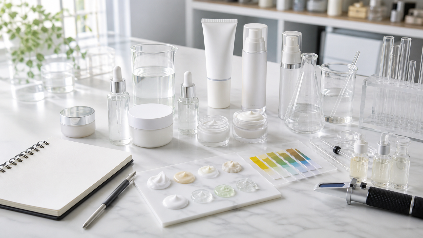Cosmetic R and D capability evaluation with unbranded lab samples, formulation notes, texture swatches, packaging prototypes and QC tools